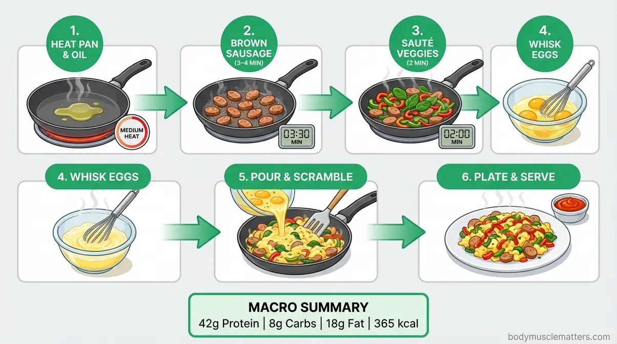 Step-by-step preparation diagram of classic bodybuilder egg scramble with turkey sausage and vegetables for healthy bodybuilder breakfasts