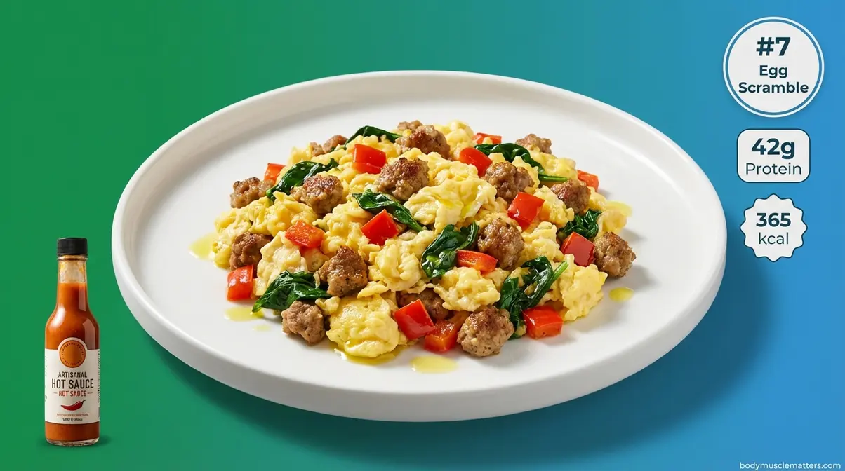 Classic bodybuilder egg scramble with turkey sausage, bell peppers, and spinach delivering 42g protein