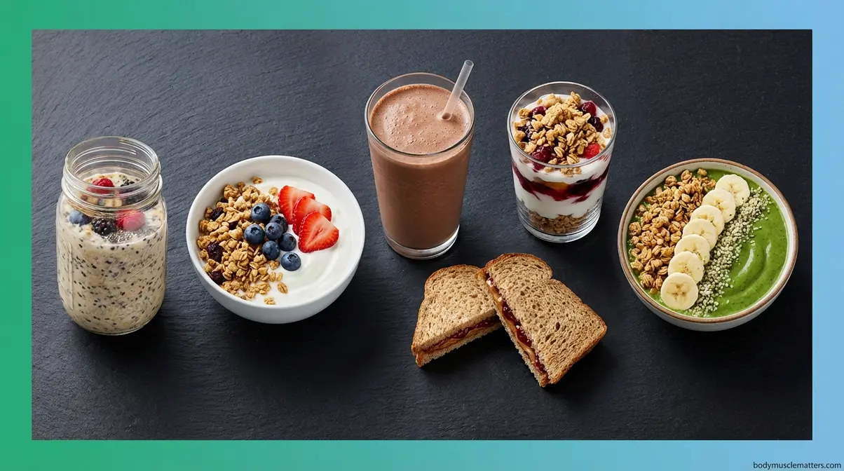 Six cold high-protein bodybuilder breakfast options including overnight oats, yogurt bowls, protein shakes, and smoothie bowls