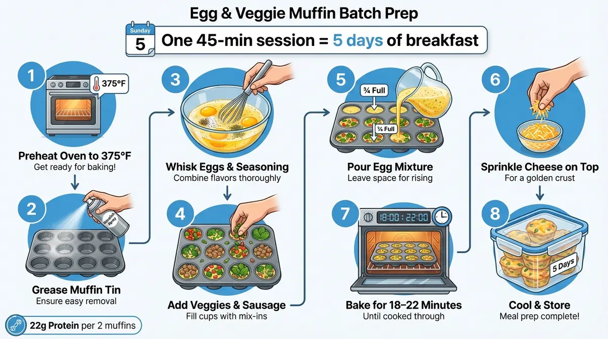 Step-by-step batch preparation diagram of egg and veggie muffins for bodybuilder meal prep using a 12-cup muffin tin