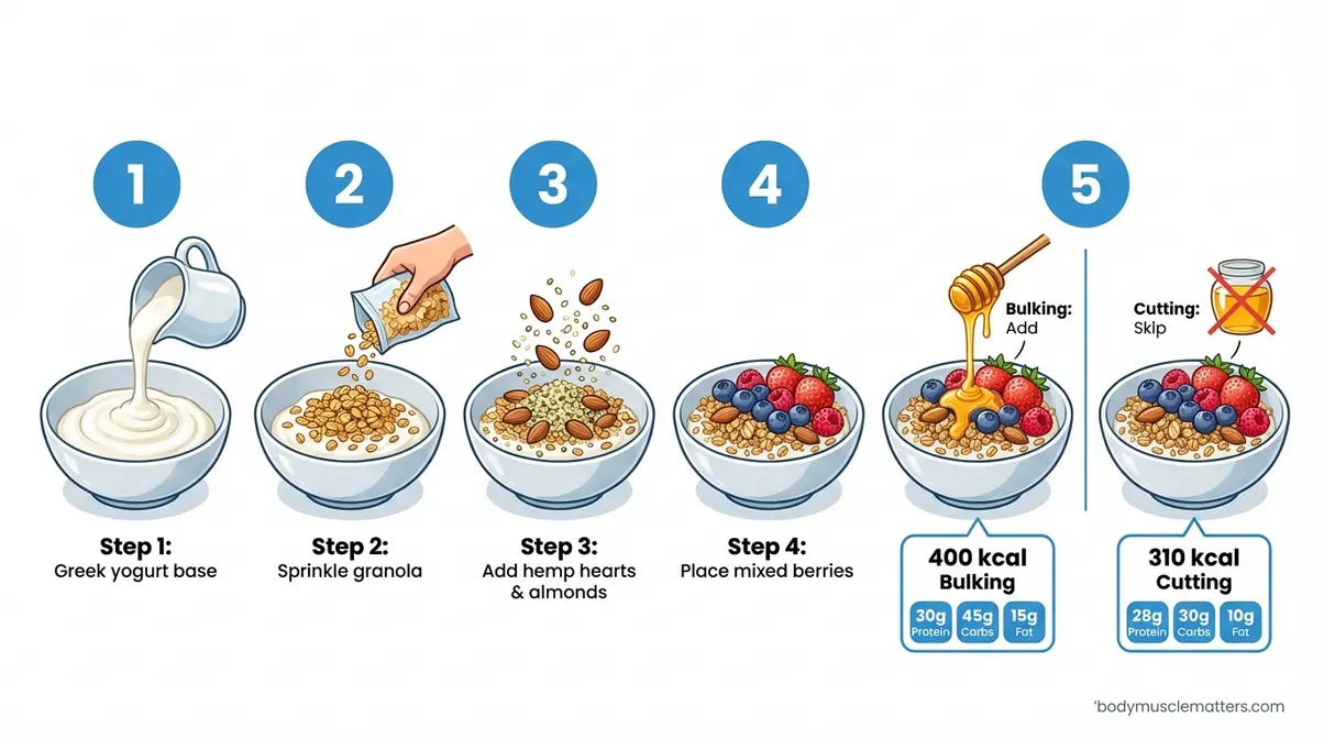 Step-by-step assembly diagram of a high-protein Greek yogurt power bowl with toppings for bodybuilders