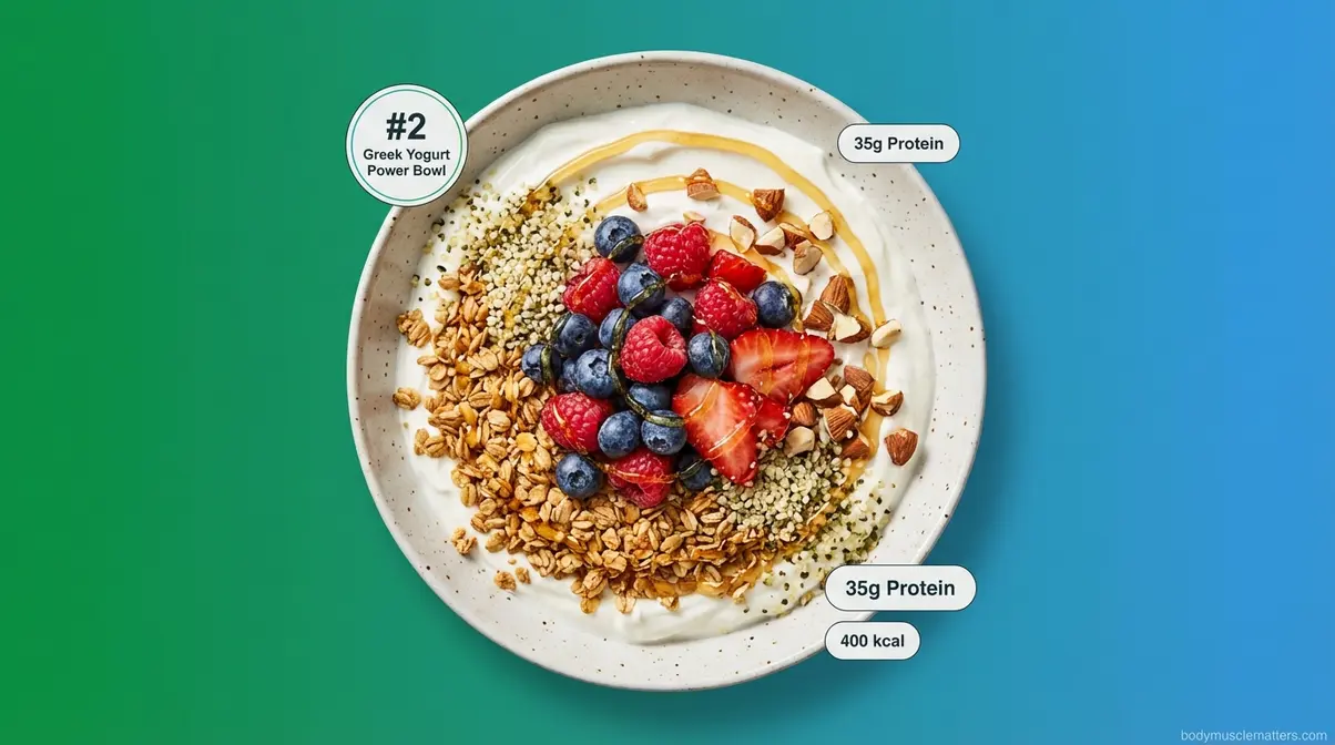 Greek yogurt power bowl with granola, hemp hearts, almonds, and berries delivering 35g protein for bodybuilders