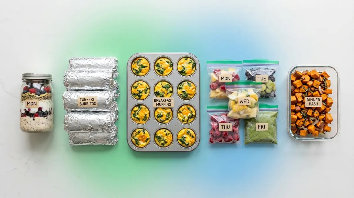 Five bodybuilder meal prep breakfasts in containers including egg muffins, burritos, smoothie packs, and sweet potato hash