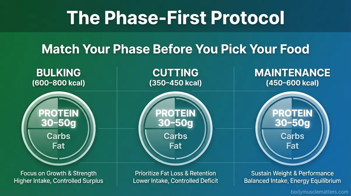 Infographic of the Phase-First Protocol showing macro ratios for bulking, cutting, and maintenance bodybuilder breakfasts