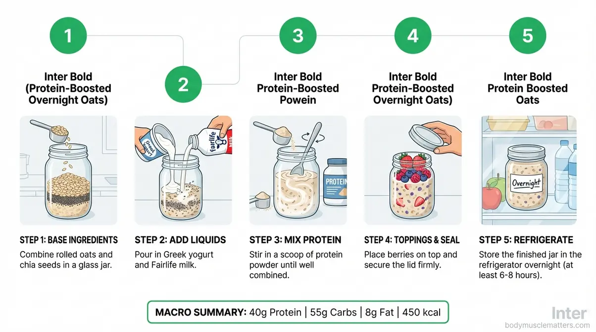 Step-by-step diagram for making proats — high-protein overnight oats with Greek yogurt and protein powder for bodybuilders