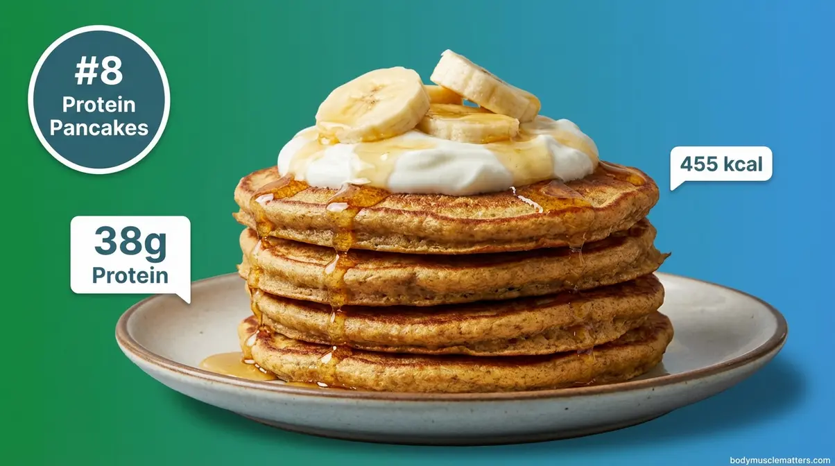 Stack of oat flour protein pancakes with Greek yogurt topping delivering 38g protein for bodybuilder breakfast