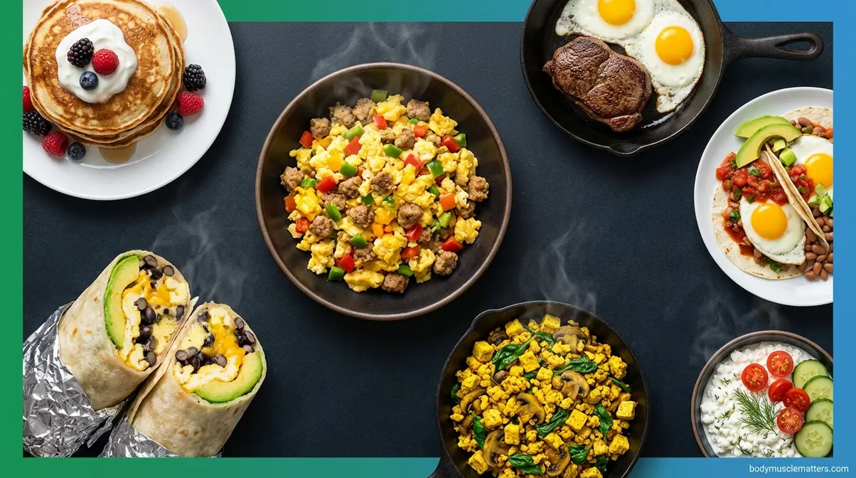 Seven savory hot muscle-building bodybuilder breakfasts including egg scramble, protein pancakes, steak and eggs, and burritos