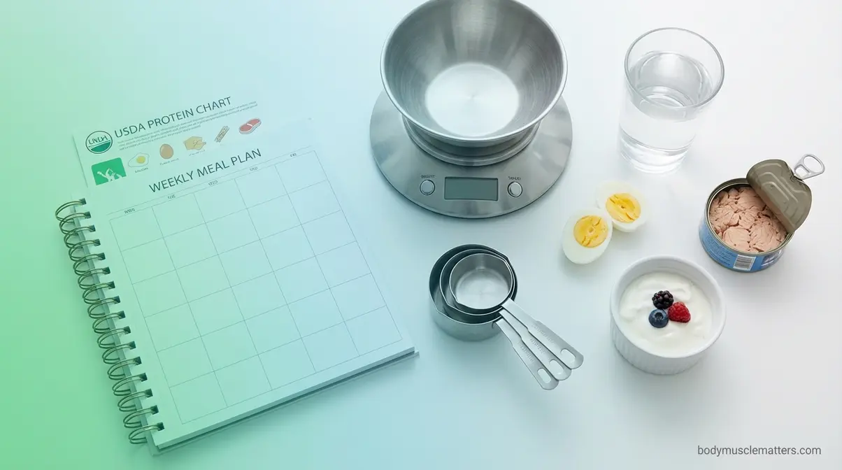 Meal planning journal and high protein lunch basics setup with protein foods and measuring tools