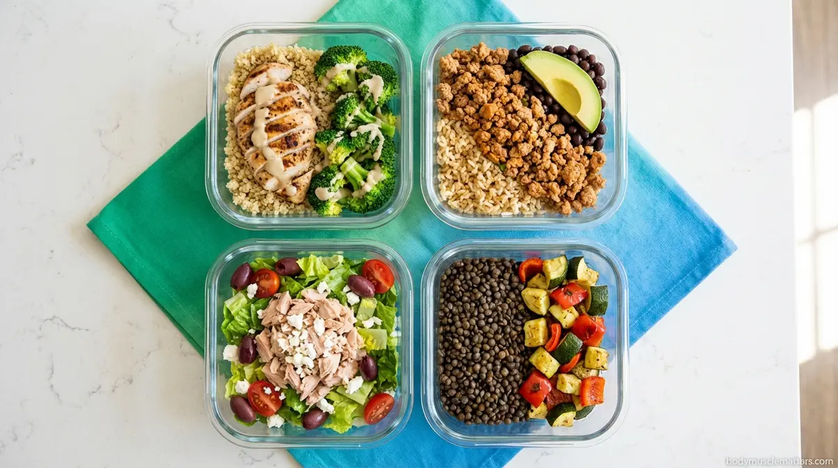 Four glass meal prep containers with high protein lunch bowls of chicken quinoa tuna and lentils