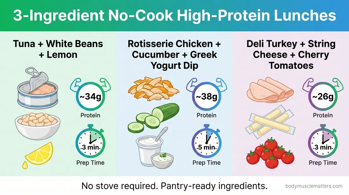 Infographic showing three no-cook high protein lunch ideas including tuna beans and deli turkey combinations