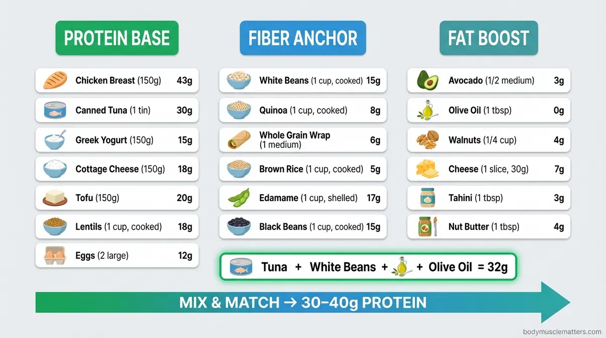 Protein assembly formula matrix chart showing protein base fiber anchor and fat boost combinations for high protein lunch