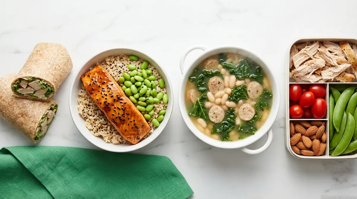 High protein lunch format variety showing chicken wrap salmon bowl bean soup and bento box