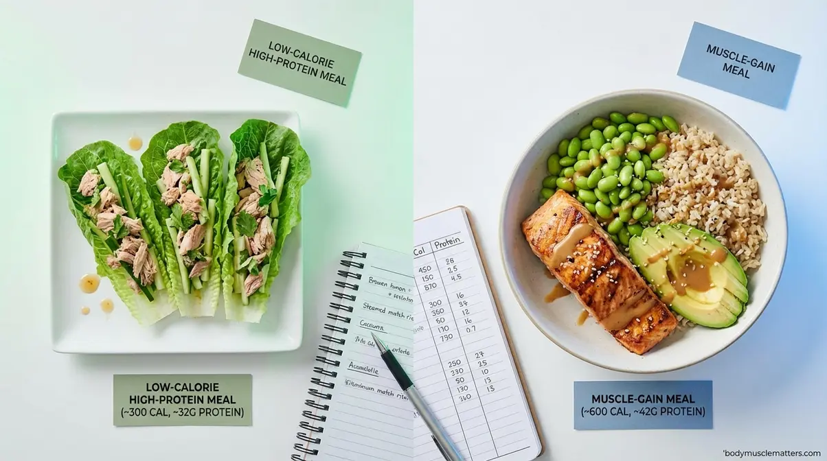 Two high protein lunch macro comparisons showing low calorie weight loss meal versus muscle gain bowl