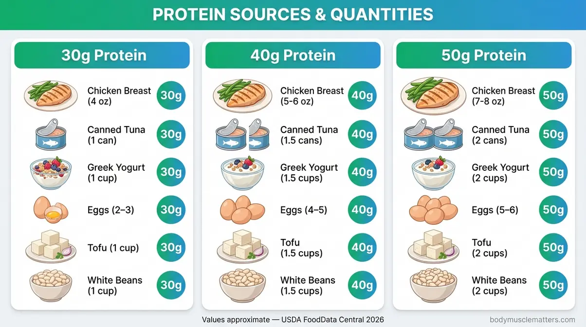 Visual guide showing healthy high protein lunch portions of chicken tofu beans and eggs at 30g 40g and 50g protein