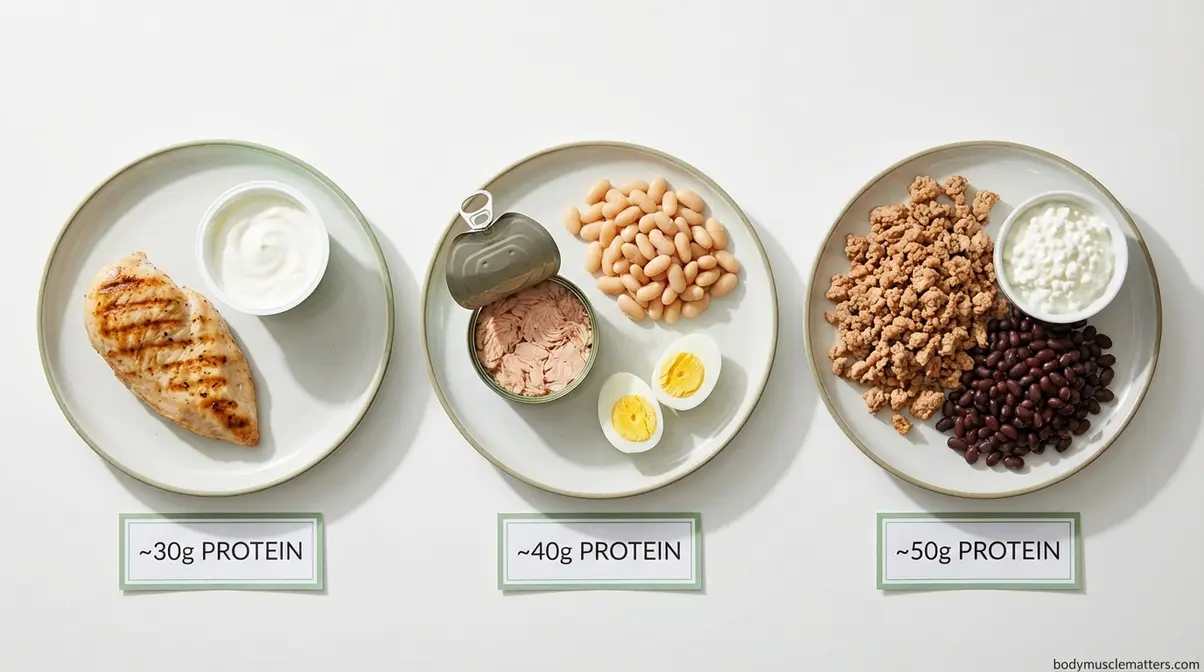 Three plates showing 30g 40g and 50g protein portions with chicken tuna turkey and eggs for lunch