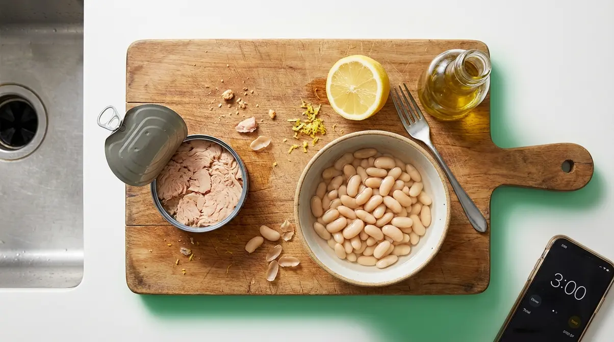 Fast no-cook high protein lunch assembly with canned tuna white beans and lemon on cutting board