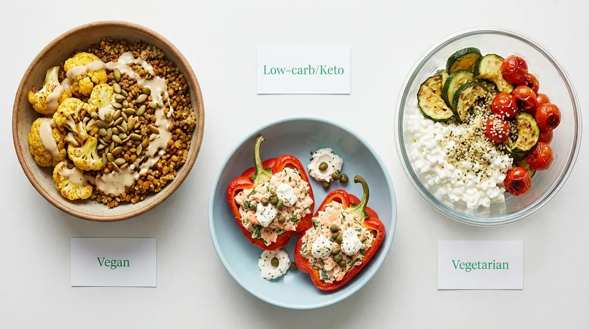 Three high protein lunch bowls for special diets showing vegan lentil low carb salmon and vegetarian cottage cheese