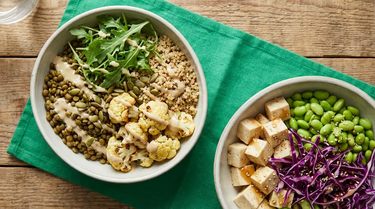 Vegan high protein lunch bowls featuring lentil quinoa and silken tofu edamame combinations