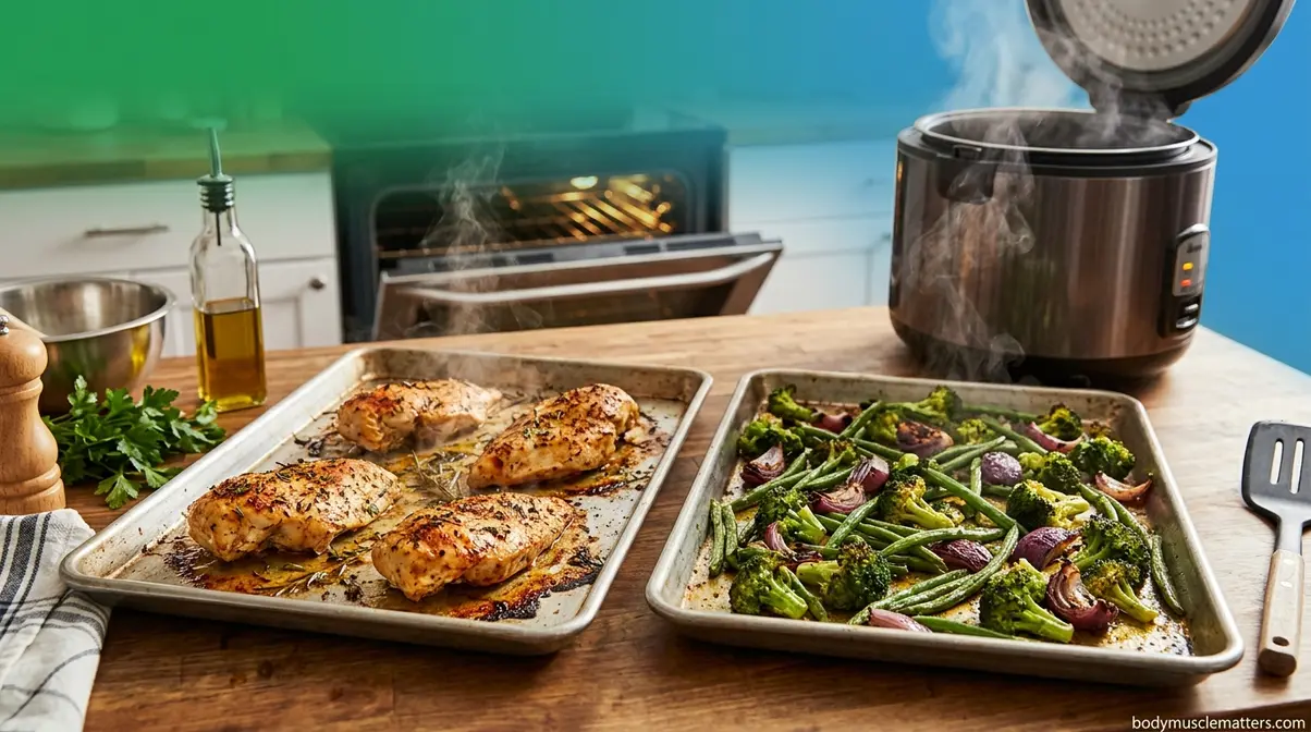 Batch cooking sheet pans with chicken and vegetables for clean eating meal prep