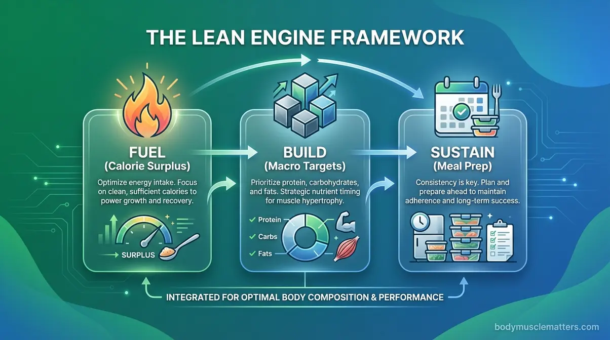 Diagram showing The Lean Engine Framework with three pillars: Fuel (calorie surplus), Build (macro targets), Sustain (meal prep)