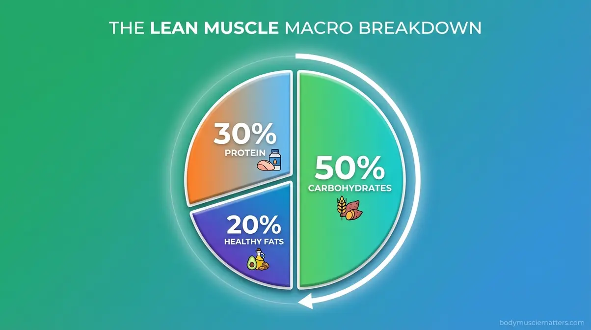 Pie chart showing healthy meal planning macro ratio: 30% protein, 50% carbs, 20% fats for lean muscle building