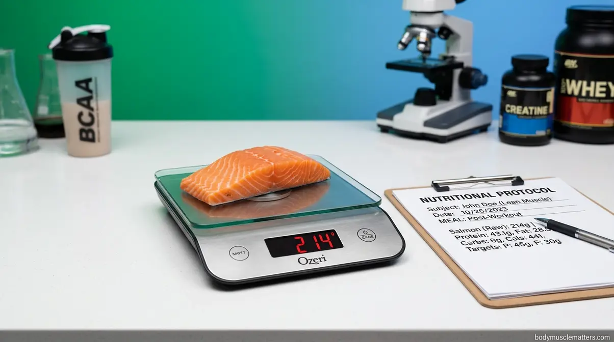 Digital food scale measuring precise portions for lean muscle nutrition