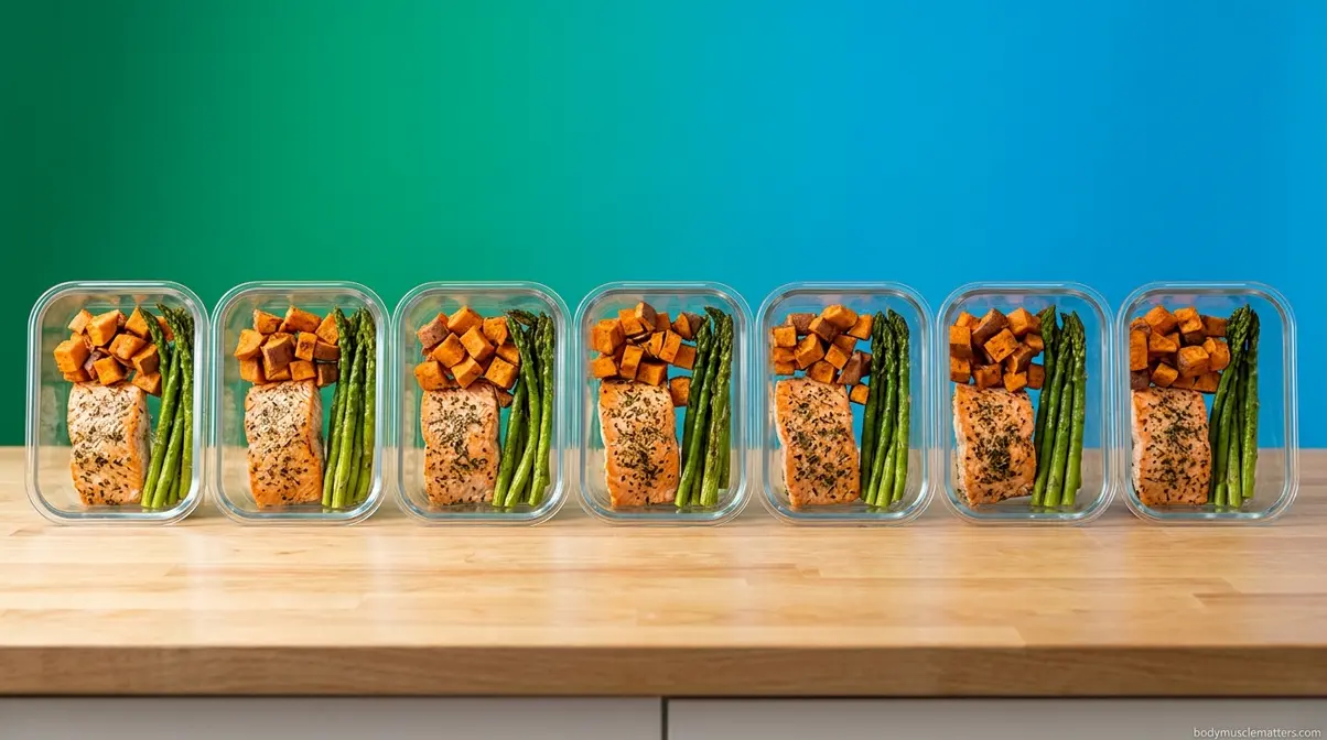Seven glass meal prep containers filled with muscle-building meals