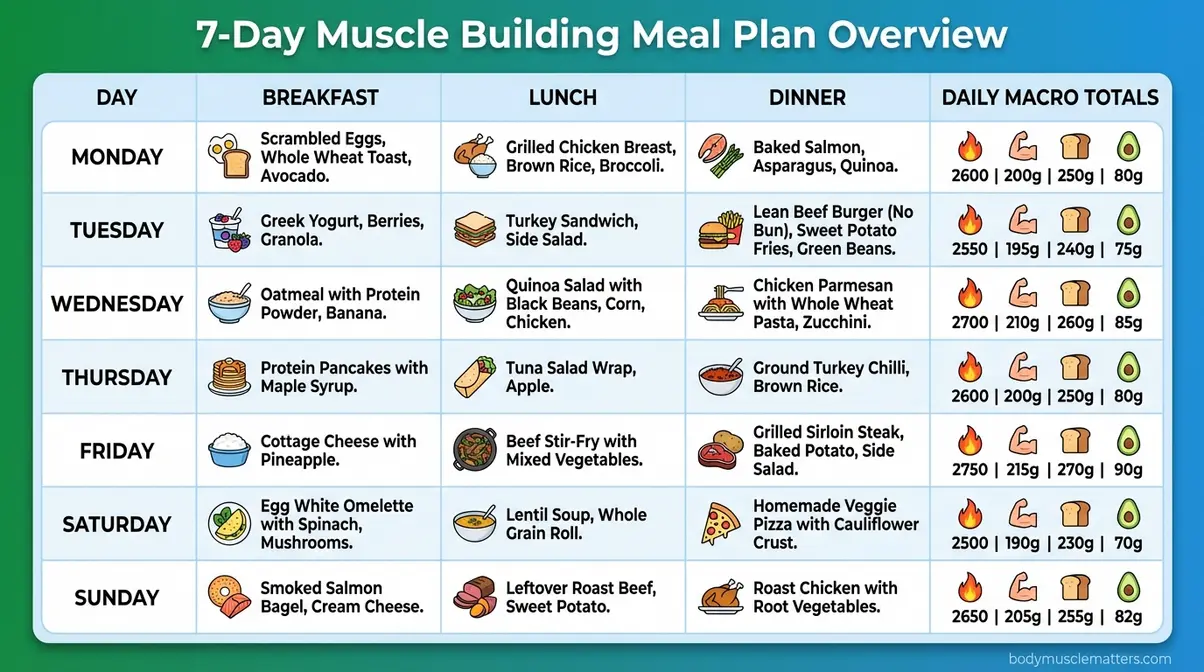 Table overview of 7-day healthy meal plan for muscle building showing daily meals and macro totals