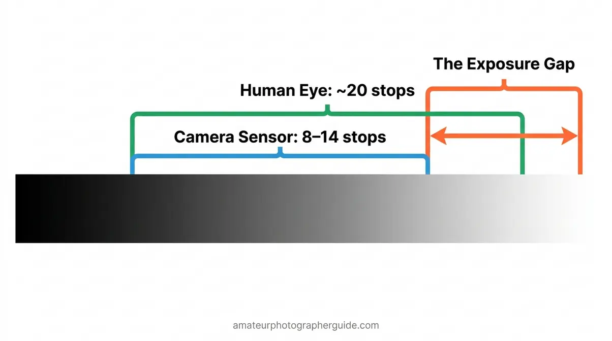 High dynamic range photography exposure gap infographic comparing camera sensor stops to human eye perception