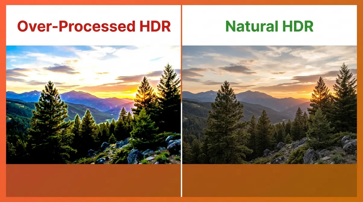 Over-processed fake HDR versus natural high dynamic range photography result comparison showing common beginner mistakes