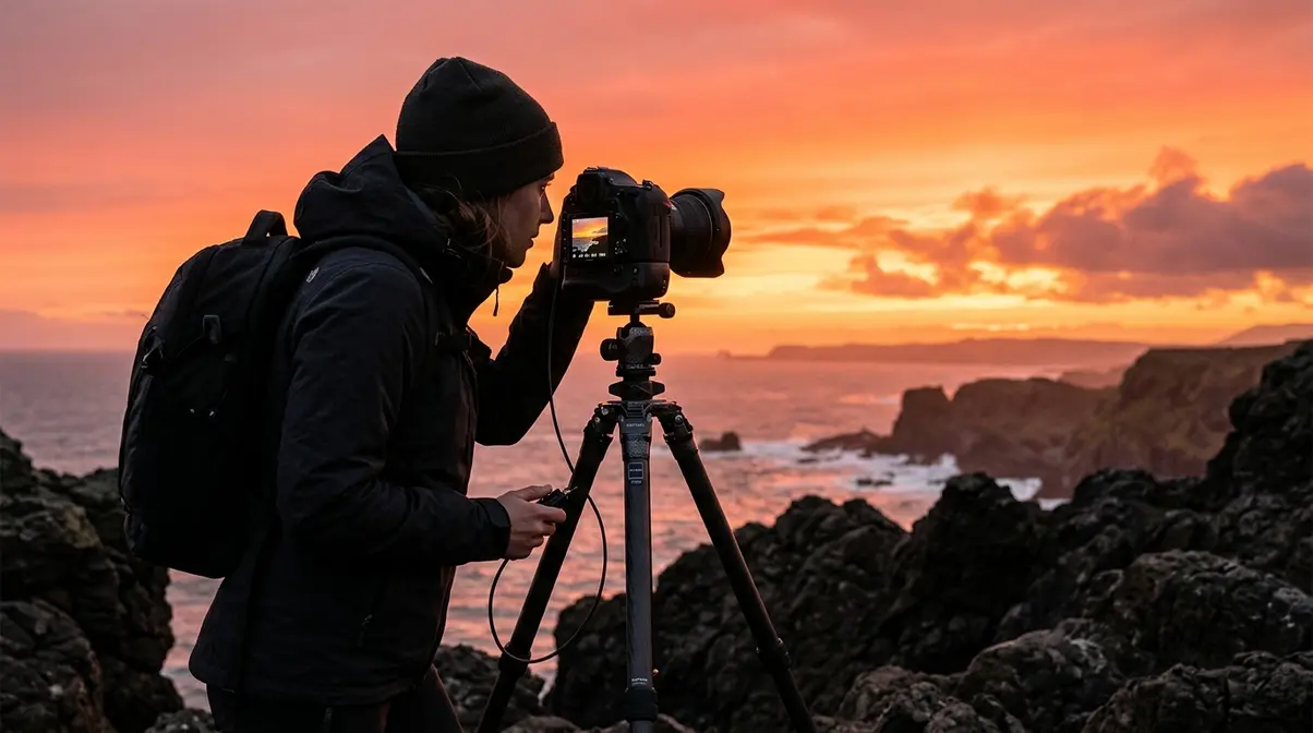 Photographer using tripod and bracketed exposures to shoot high dynamic range landscape at golden hour sunset