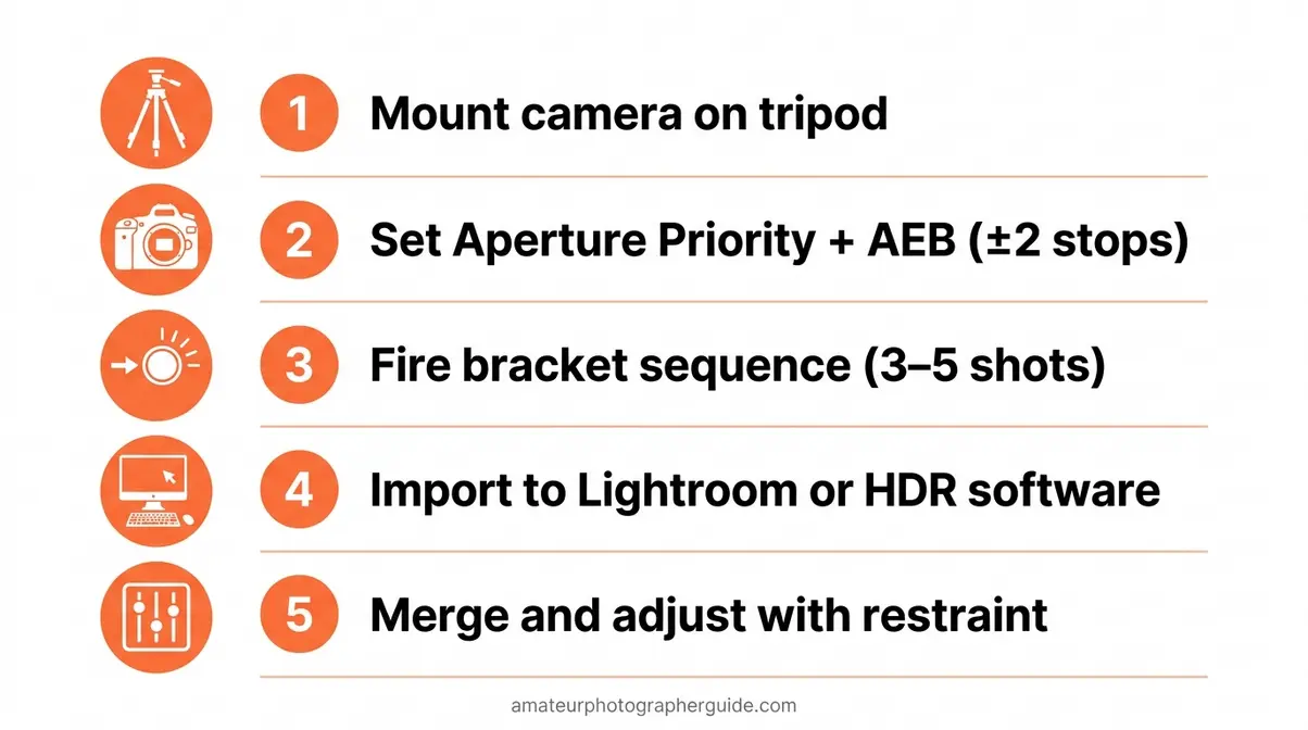 Five-step HDR photography workflow checklist for beginners from tripod setup to Lightroom merge