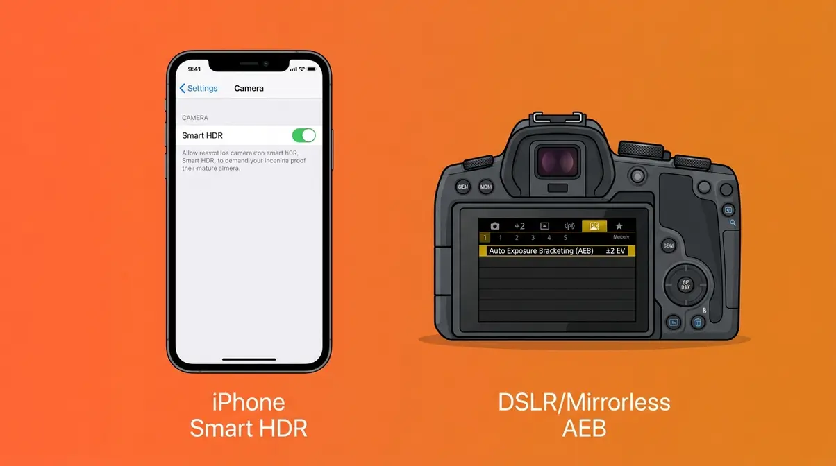 iPhone Smart HDR settings toggle and mirrorless camera AEB menu for high dynamic range photography setup