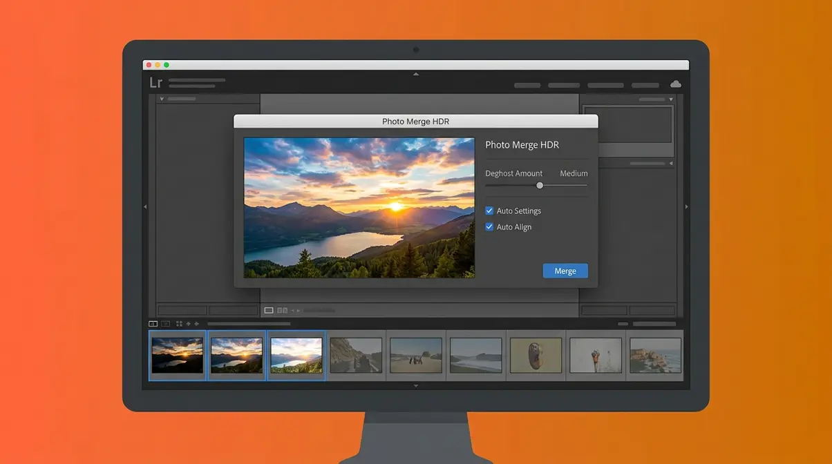 Adobe Lightroom HDR merge software interface showing bracketed exposures and deghosting controls for HDR photography