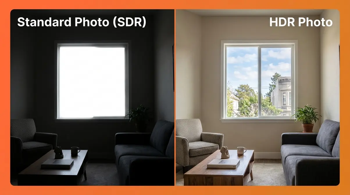 Standard photography versus high dynamic range photography comparison showing blown-out highlights versus full detail