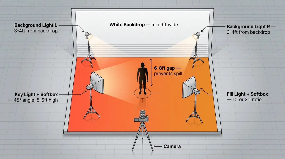 Top-down 3D diagram of classic high key 3-light studio setup with labeled distances for key light, fill light, and background lights
