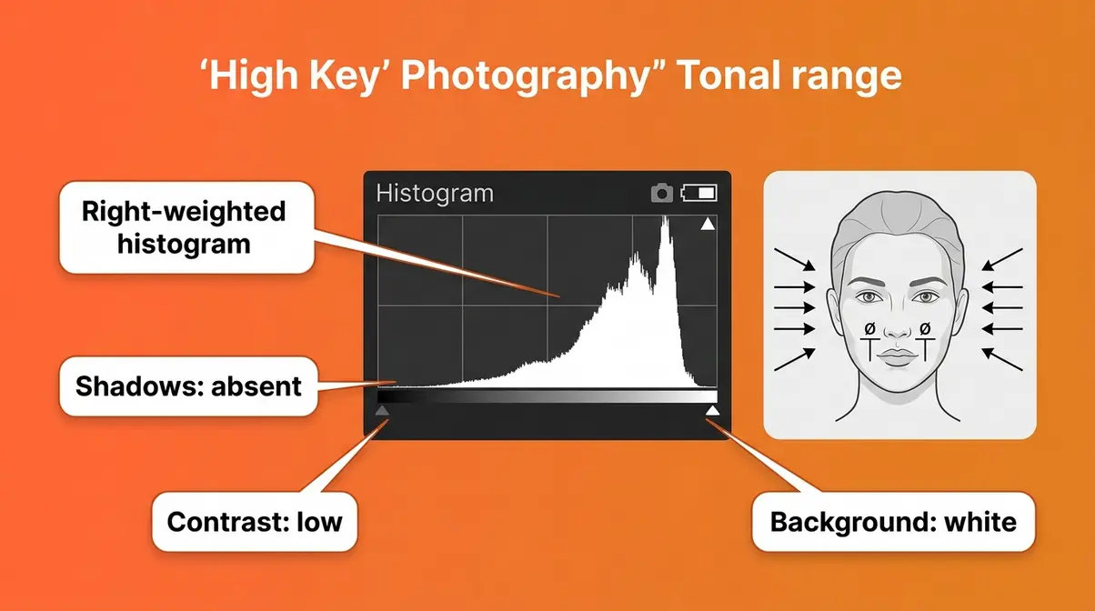 High key photography histogram showing right-weighted tonal distribution with minimal shadows and low contrast