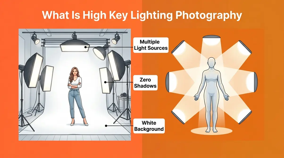 High key lighting photography definition showing bright even light eliminating shadows in a portrait studio setting