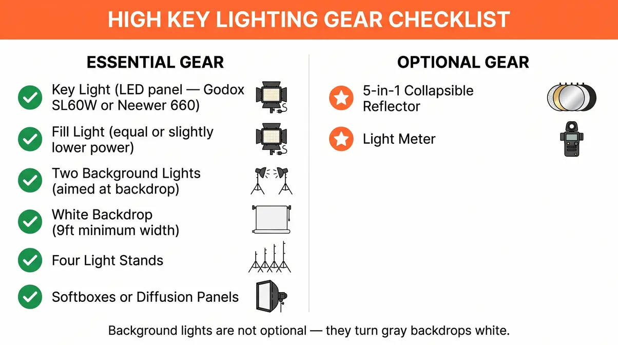High key photography gear checklist infographic showing essential LED lights, white backdrop, softboxes, and light stands