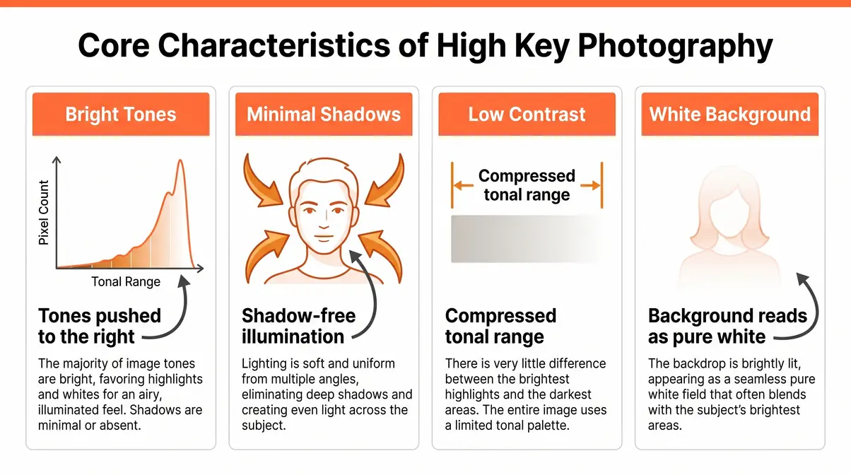 Infographic showing four core characteristics of high key photography: bright tones, minimal shadows, low contrast, white background