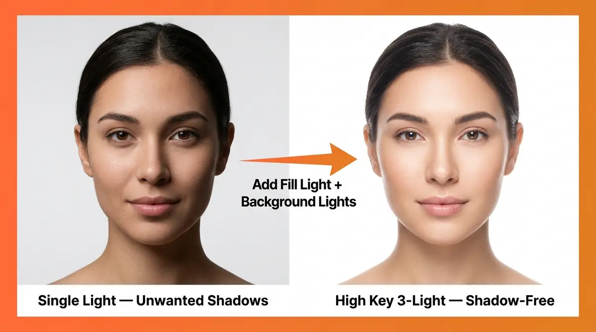 High key portrait photography before and after showing shadow-free beauty lighting versus single-light portrait with visible shadows