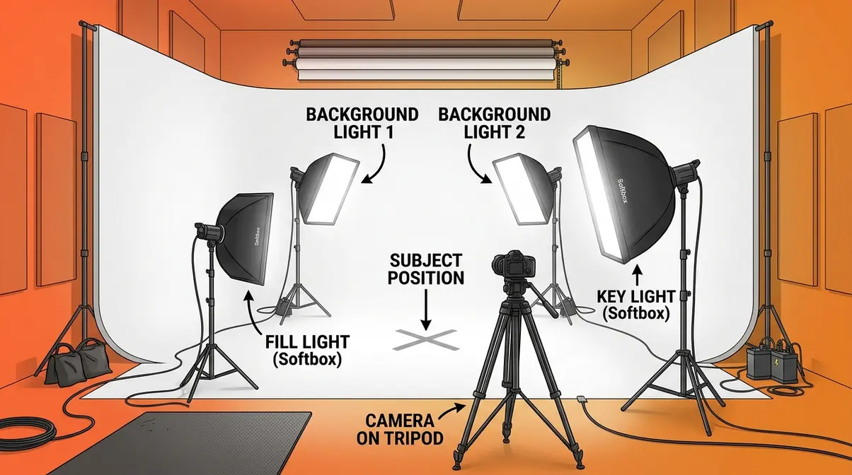 High key lighting studio setup overview showing white backdrop, four lights on stands, softboxes, and camera position
