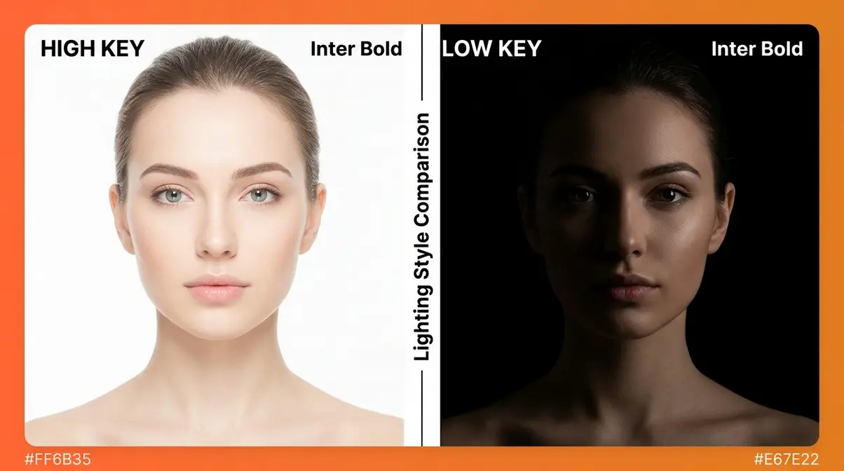 High key versus low key lighting photography side-by-side comparison showing bright airy portrait versus dramatic shadowed portrait