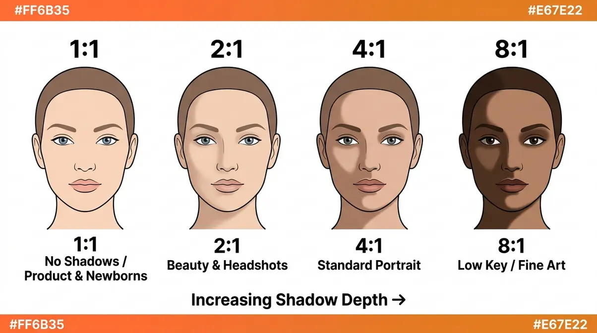 Photography lighting ratio diagram showing shadow depth progression from 1:1 high key to 8:1 low key portrait lighting