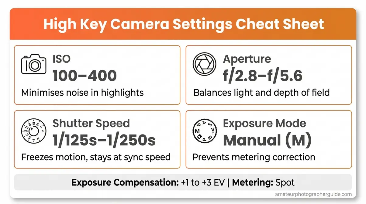 High key photography camera settings cheat sheet showing ISO aperture shutter speed and exposure compensation ranges