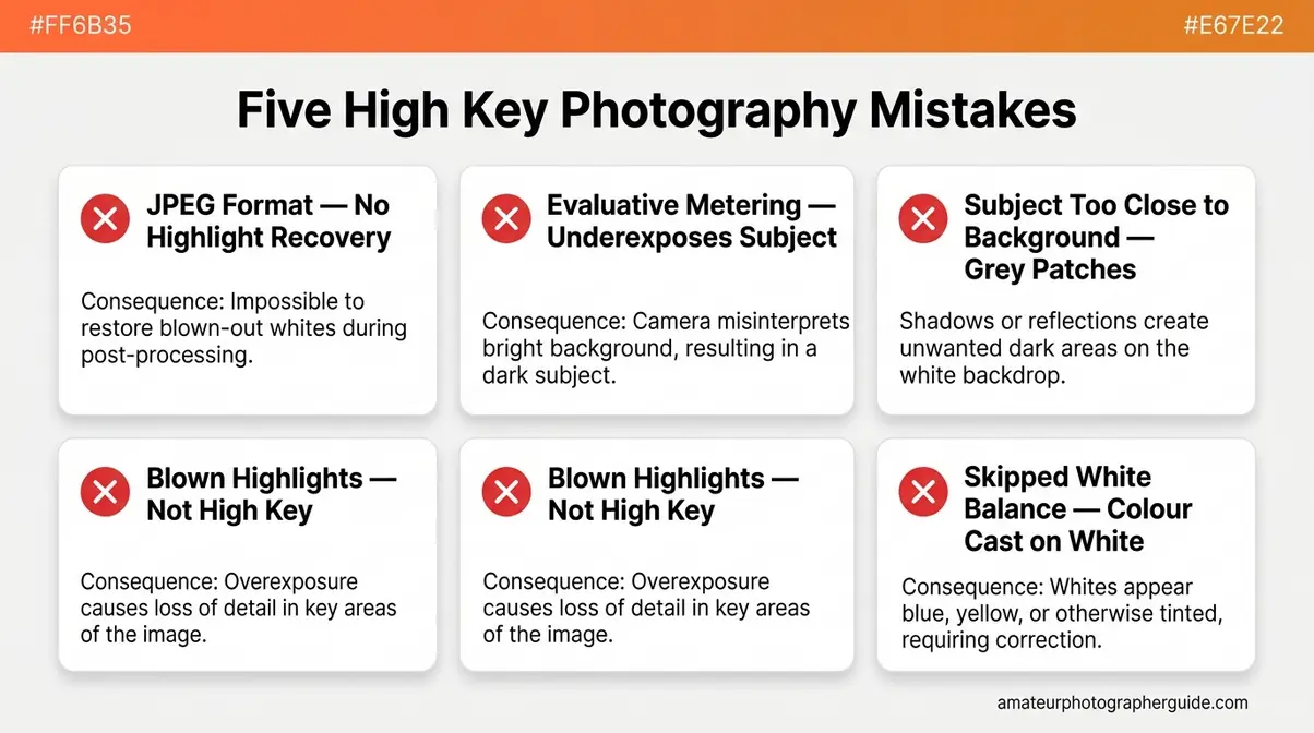 Illustrated diagram showing five common high key photography mistakes including JPEG format and evaluative metering errors