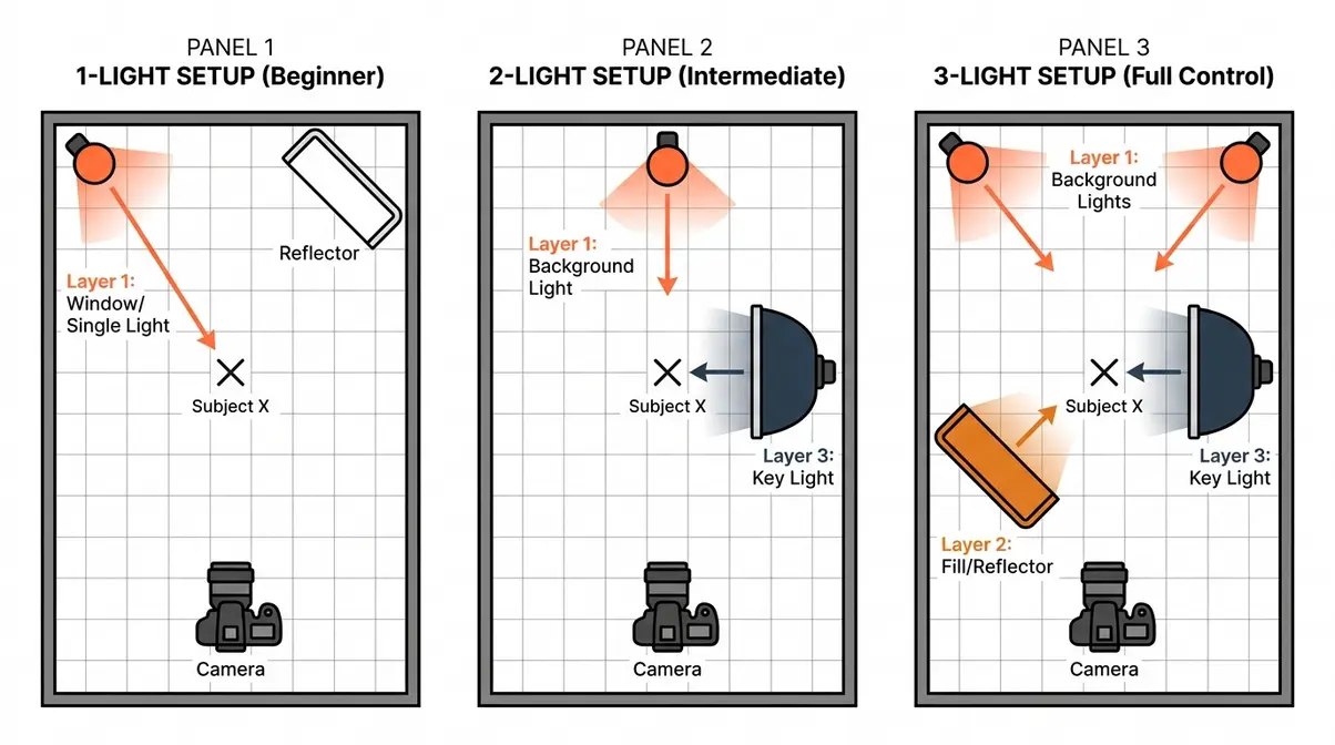 High key photography lighting setup diagrams showing 1-light, 2-light, and 3-light configurations