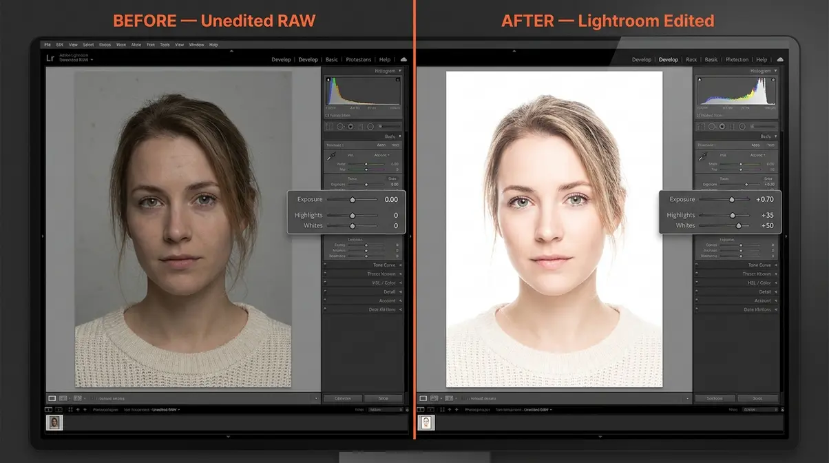 Before and after high key photography editing in Lightroom showing exposure and whites adjustment