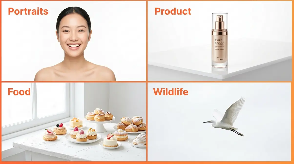 High key photography examples across four genres including portraits, product, food, and wildlife photography