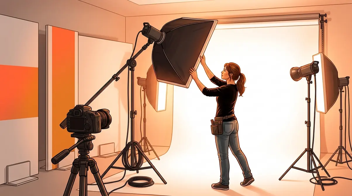 High key photography studio setup showing softbox, background lights, and white seamless paper background